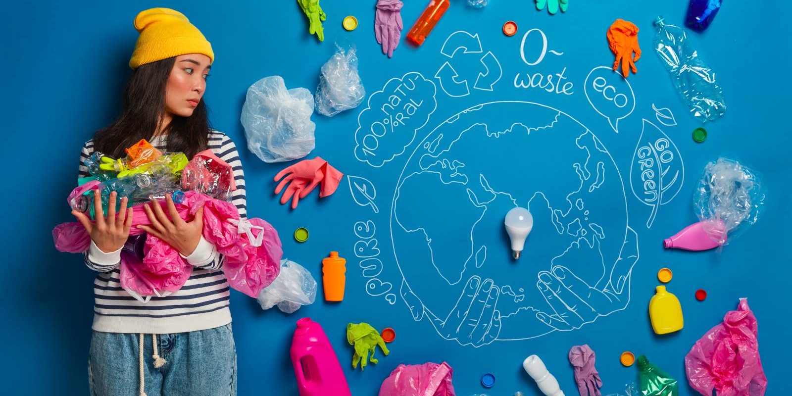 Environmental protection concept. Serious young Korean woman carries plastic garbage for recycling, looks attentively at drawn planet and litter, considers pollution problem, collects wastes