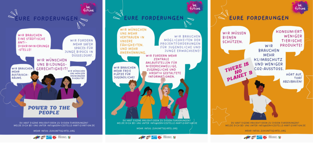 Drei Plakate mit stilisierten Jugendlichen, die in Sprechblasen Forderungen stellen